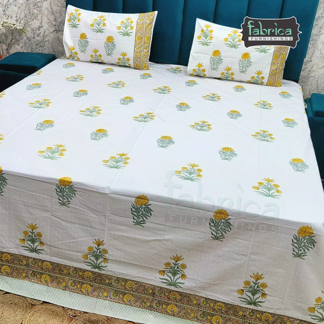 Dobby Checks 600 TC Hand block Printed  King-size Bedsheet