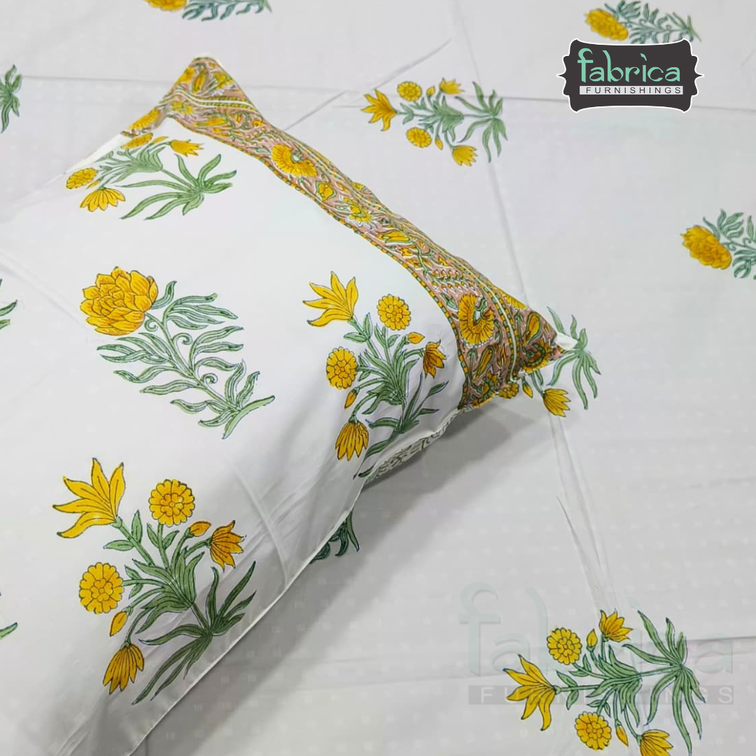 Dobby Checks 600 TC Hand block Printed  King-size Bedsheet