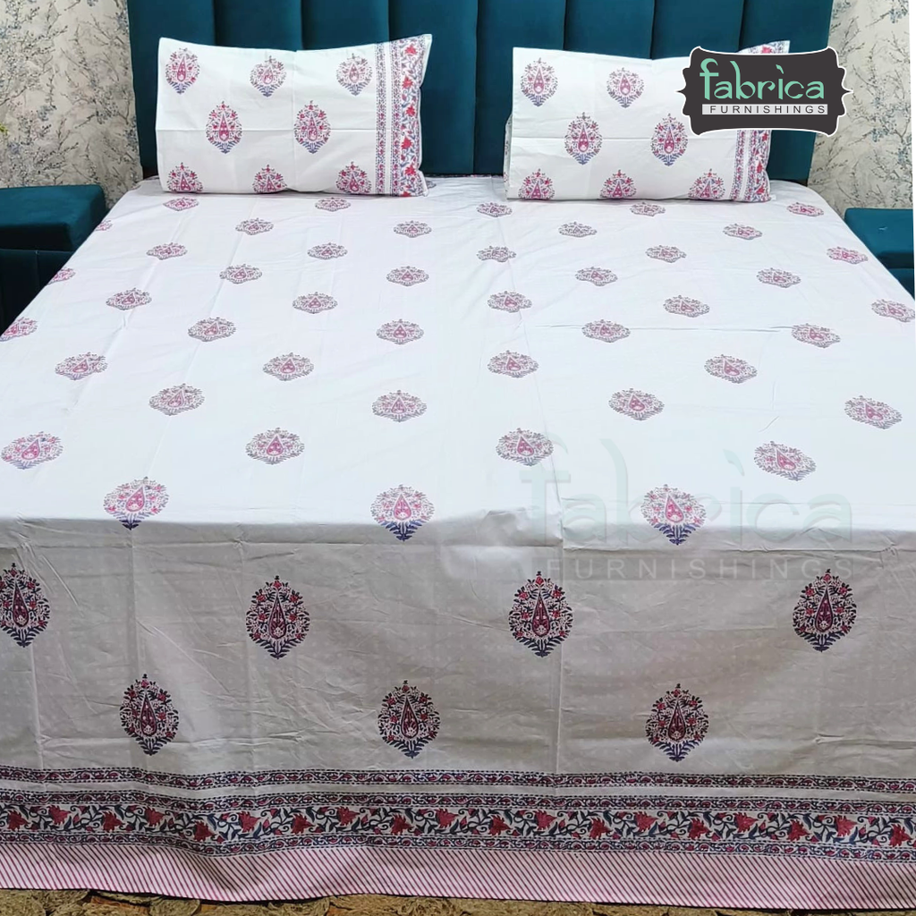 Dobby Checks 600 TC Hand block Printed  King-size Bedsheet