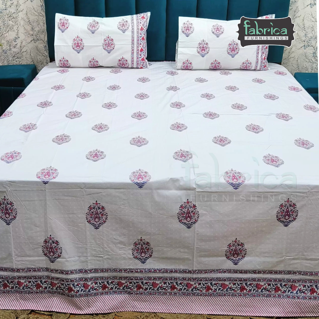 Dobby Checks 600 TC Hand block Printed  King-size Bedsheet