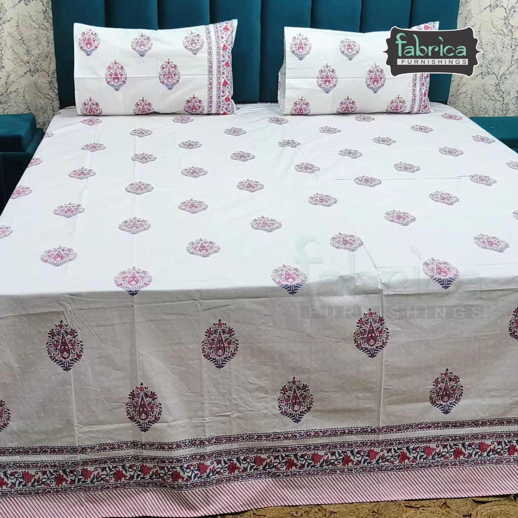 Dobby Checks 600 TC Hand block Printed  King-size Bedsheet