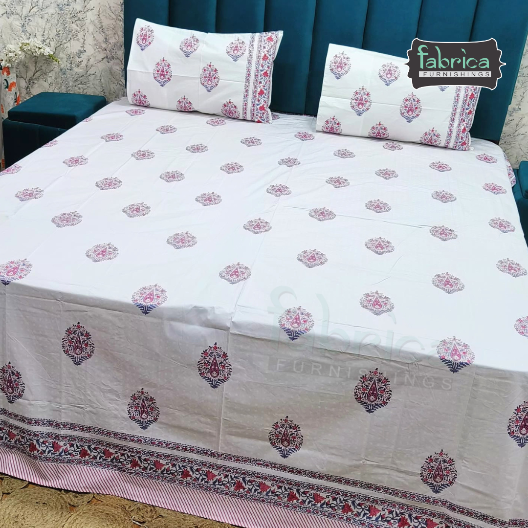 Dobby Checks 600 TC Hand block Printed  King-size Bedsheet