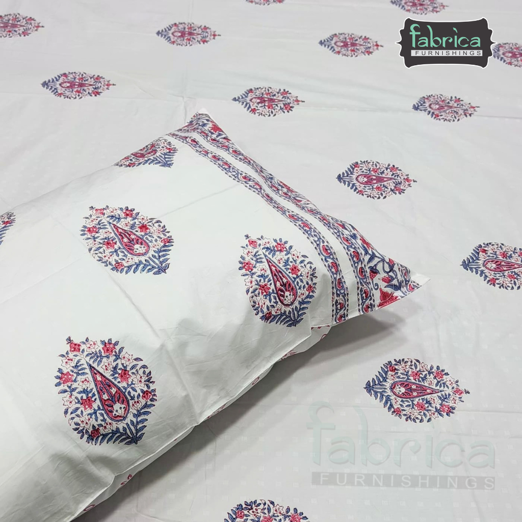 Dobby Checks 600 TC Hand block Printed  King-size Bedsheet