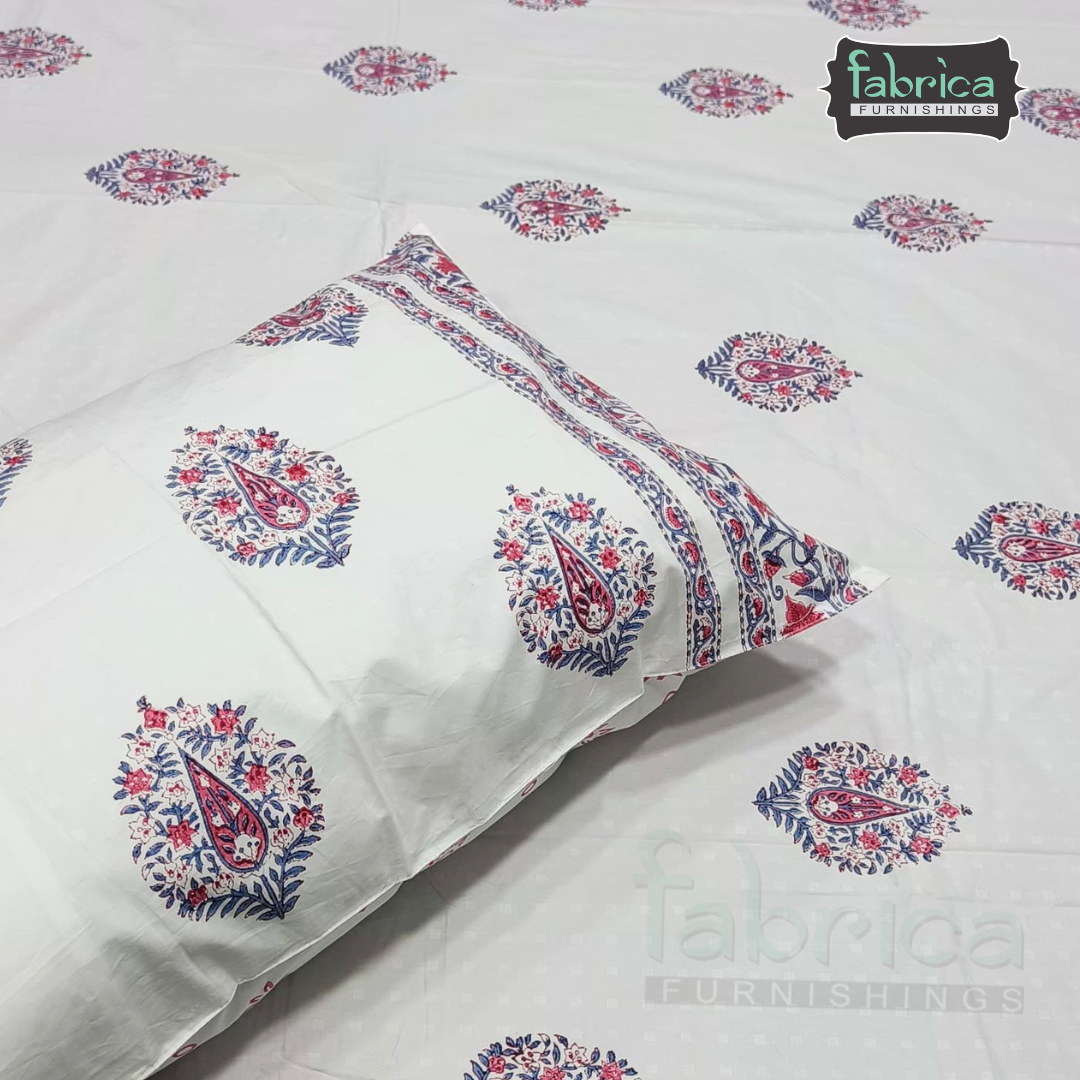 Dobby Checks 600 TC Hand block Printed  King-size Bedsheet