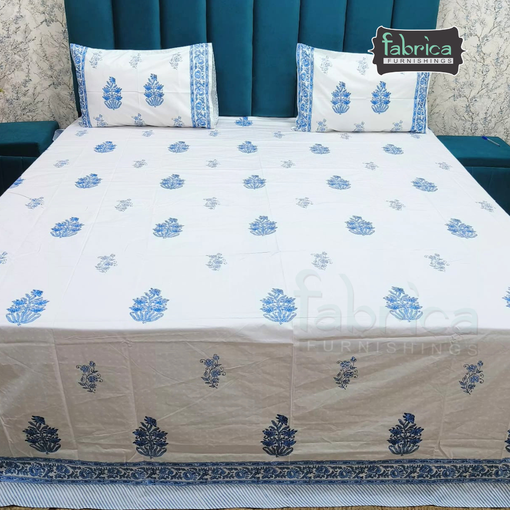Dobby Checks 600 TC Hand block Printed  King-size Bedsheet