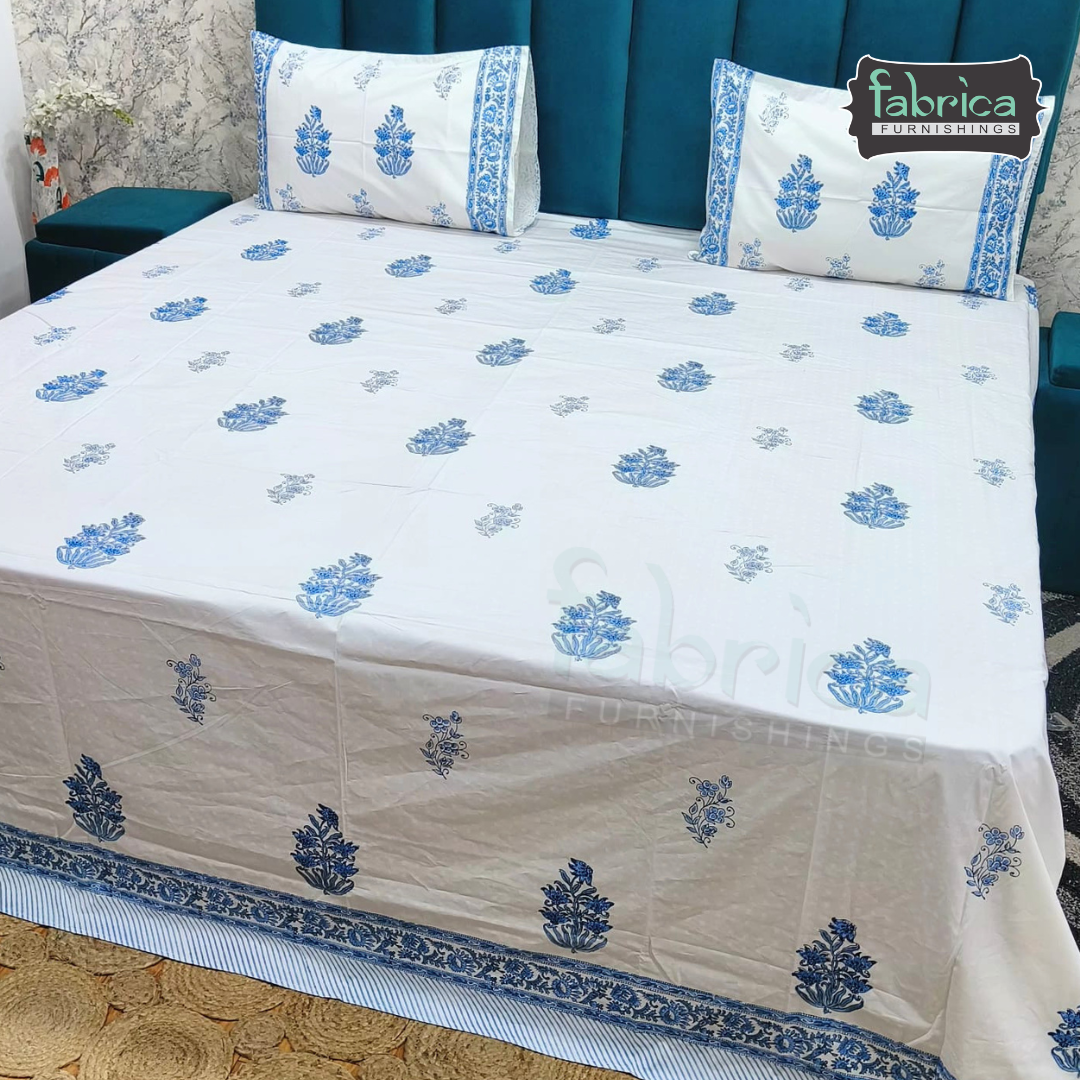 Dobby Checks 600 TC Hand block Printed  King-size Bedsheet
