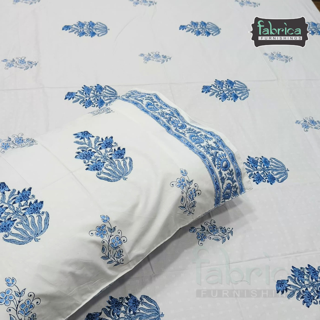 Dobby Checks 600 TC Hand block Printed  King-size Bedsheet