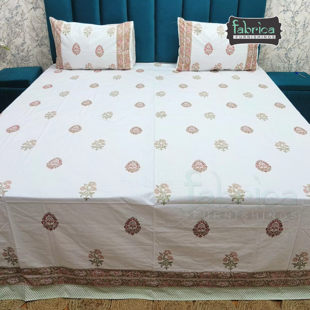 Dobby Checks 600 TC Hand block Printed  King-size Bedsheet