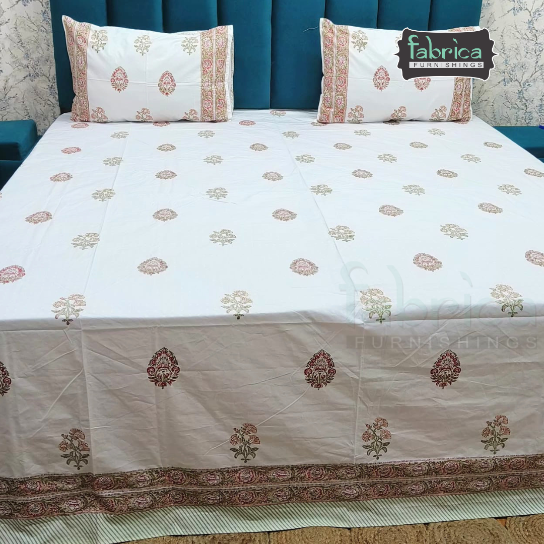 Dobby Checks 600 TC Hand block Printed  King-size Bedsheet