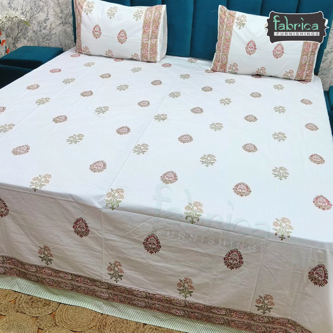 Dobby Checks 600 TC Hand block Printed  King-size Bedsheet