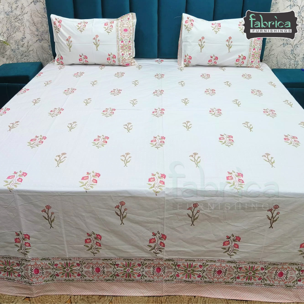 Dobby Checks 600 TC Hand block Printed  King-size Bedsheet