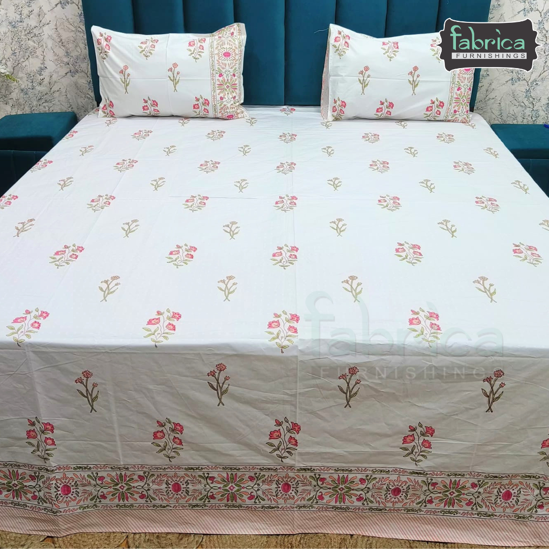 Dobby Checks 600 TC Hand block Printed  King-size Bedsheet