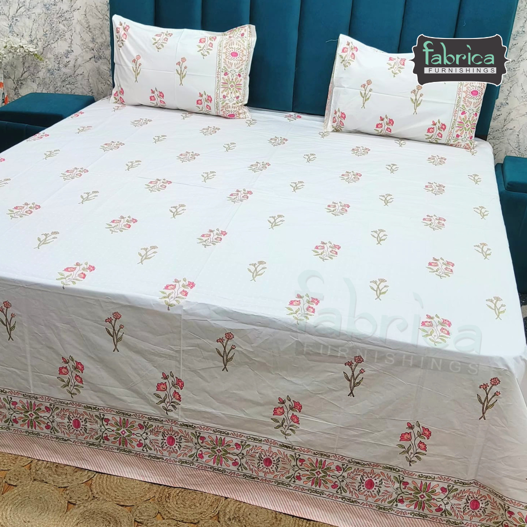 Dobby Checks 600 TC Hand block Printed  King-size Bedsheet