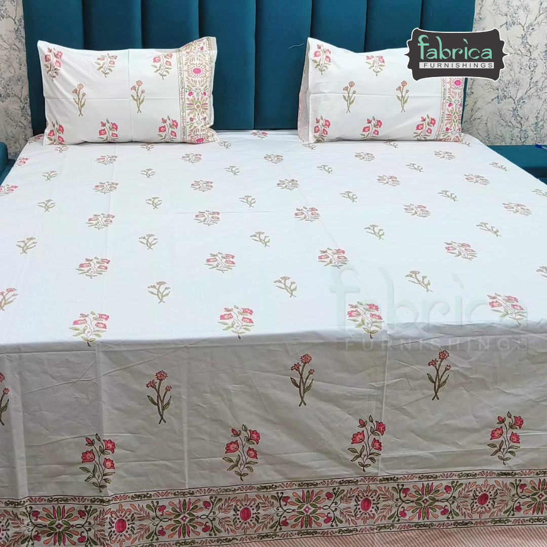Dobby Checks 600 TC Hand block Printed  King-size Bedsheet