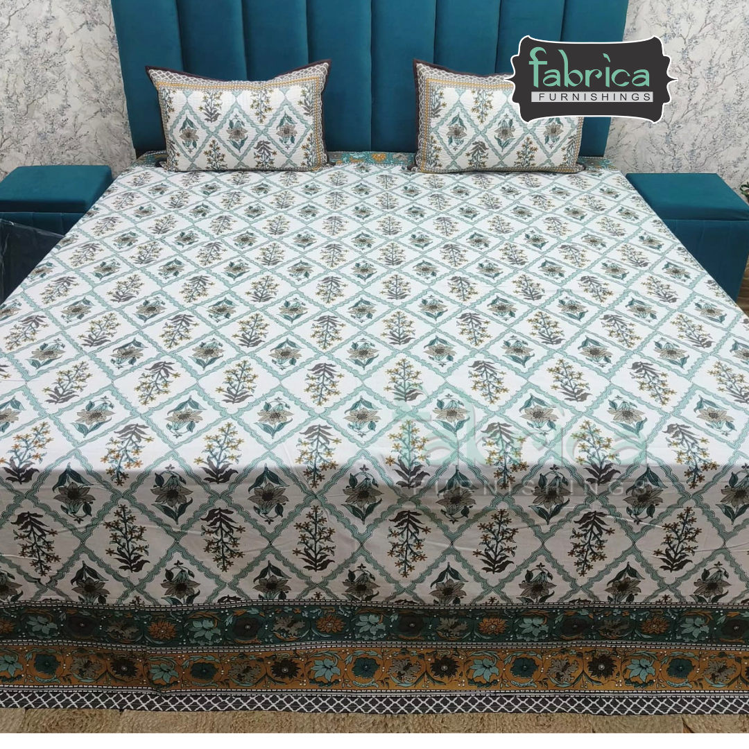 Sapphire Ethnic Printed Pure Cotton Kingsize Bed Sheets With Quilted Pillow Cover