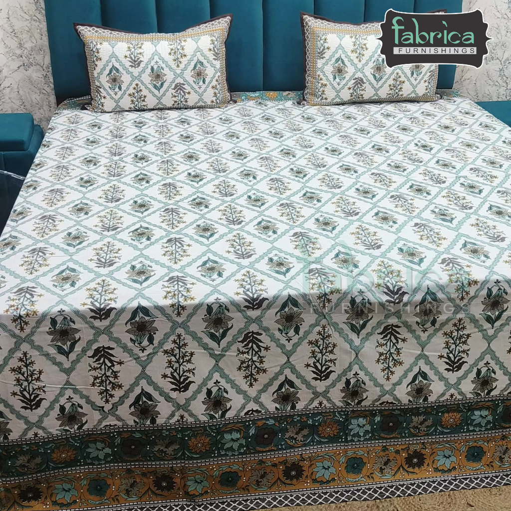 Sapphire Ethnic Printed Pure Cotton Kingsize Bed Sheets With Quilted Pillow Cover