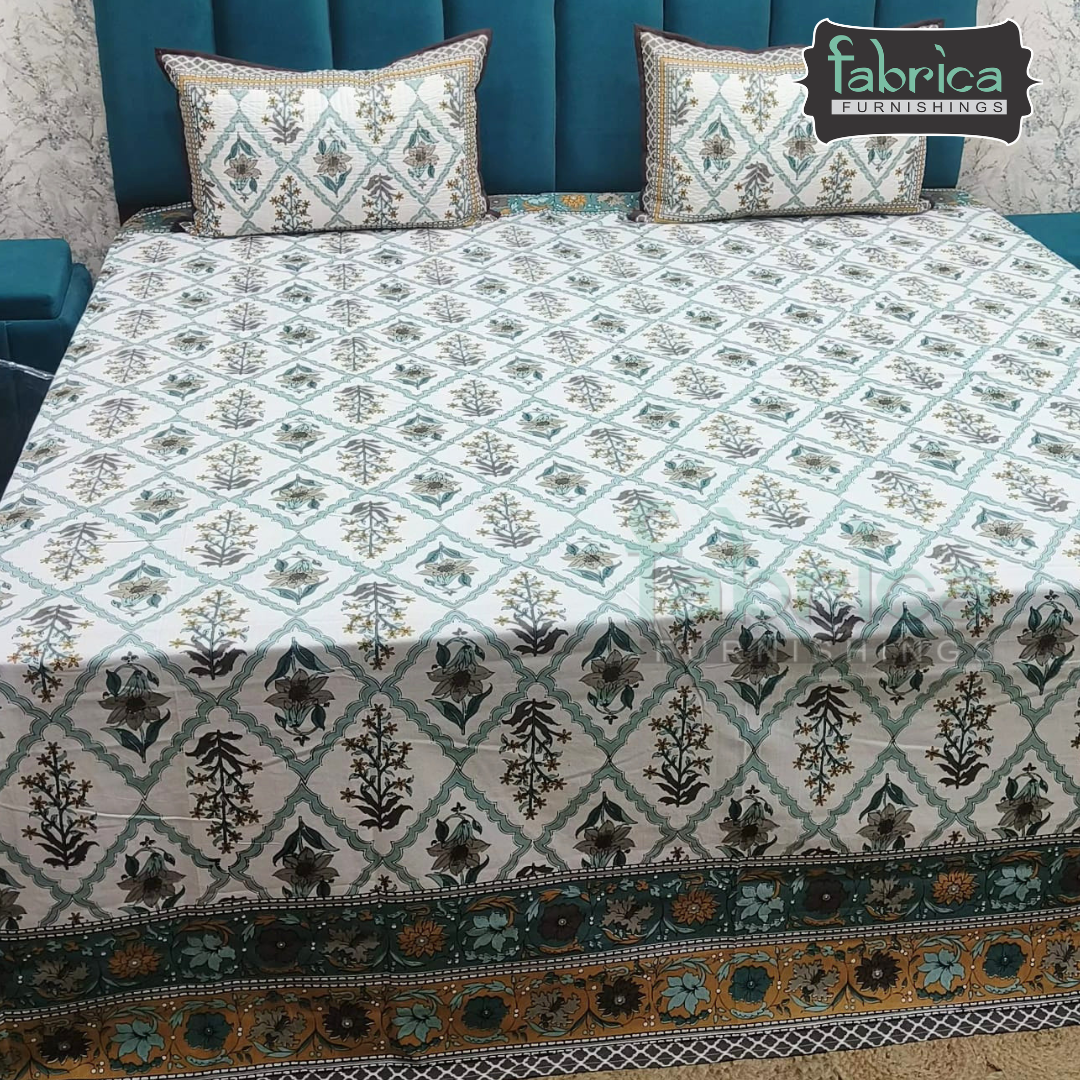 Sapphire Ethnic Printed Pure Cotton Kingsize Bed Sheets With Quilted Pillow Cover
