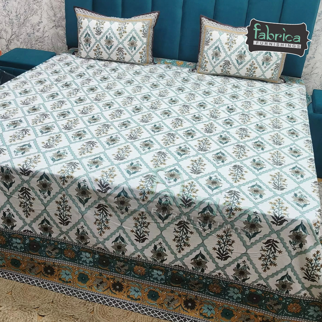 Sapphire Ethnic Printed Pure Cotton Kingsize Bed Sheets With Quilted Pillow Cover
