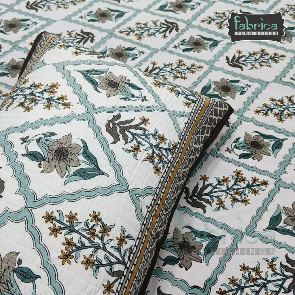 Sapphire Ethnic Printed Pure Cotton Kingsize Bed Sheets With Quilted Pillow Cover