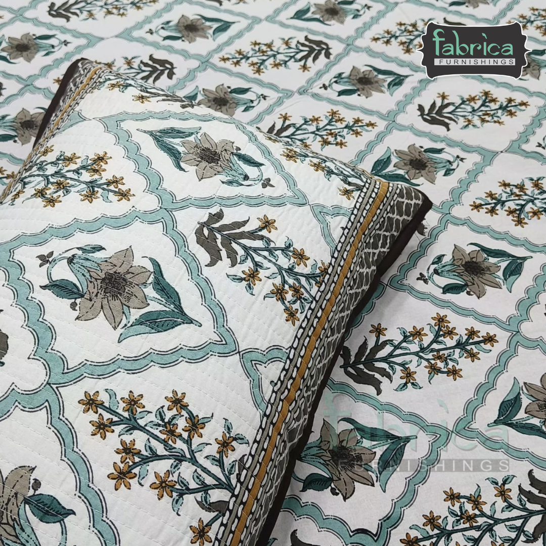 Sapphire Ethnic Printed Pure Cotton Kingsize Bed Sheets With Quilted Pillow Cover