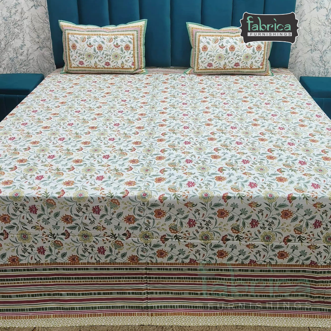 Sapphire Ethnic Printed Pure Cotton Kingsize Bed Sheets With Quilted Pillow Cover