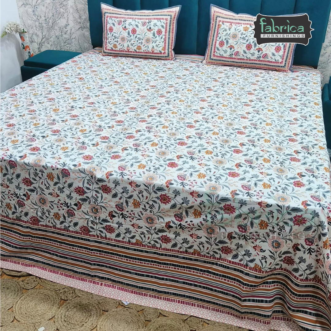Sapphire Ethnic Printed Pure Cotton Kingsize Bed Sheets With Quilted Pillow Cover