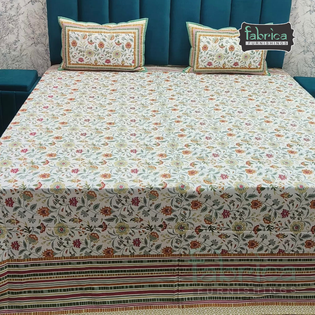 Sapphire Ethnic Printed Pure Cotton Kingsize Bed Sheets With Quilted Pillow Cover