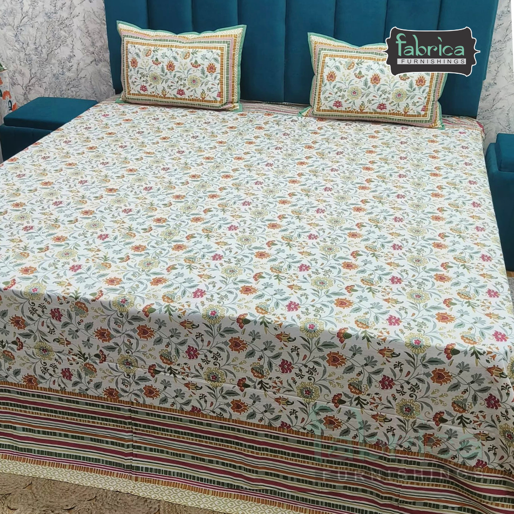 Sapphire Ethnic Printed Pure Cotton Kingsize Bed Sheets With Quilted Pillow Cover