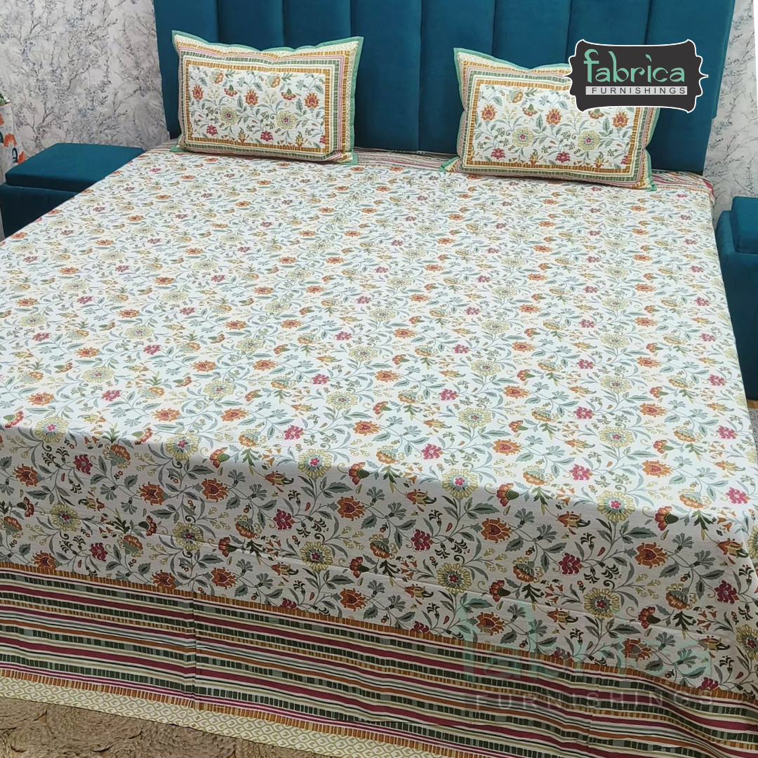 Sapphire Ethnic Printed Pure Cotton Kingsize Bed Sheets With Quilted Pillow Cover