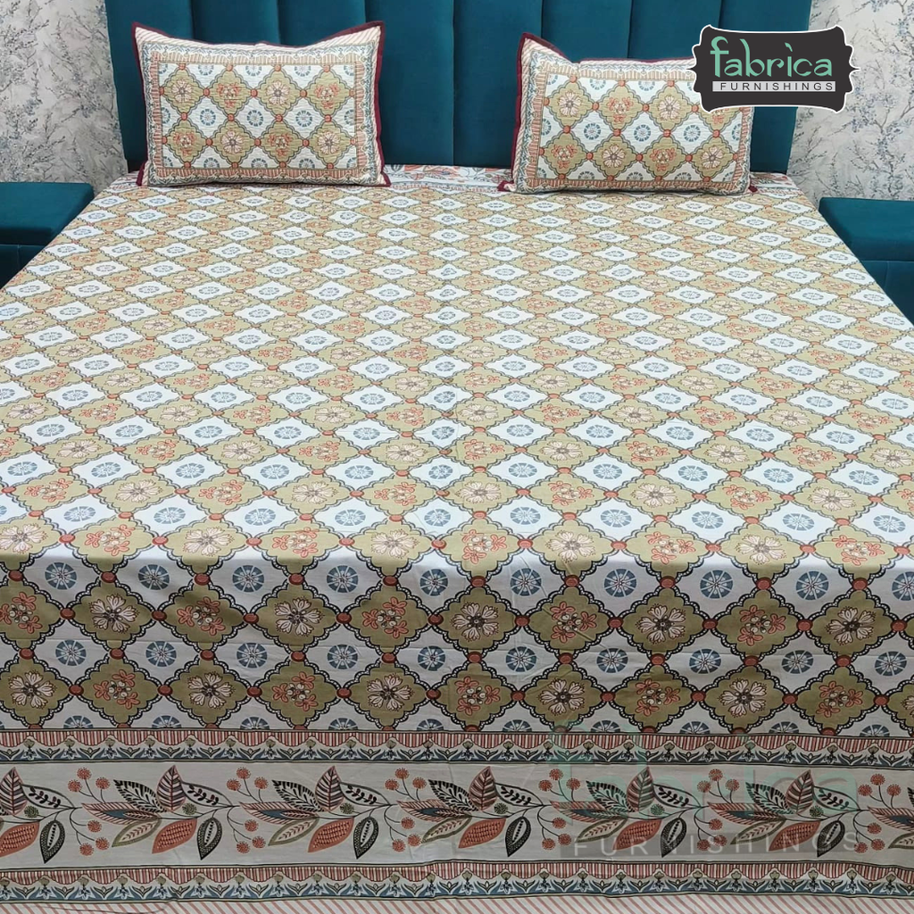 Sapphire Ethnic Printed Pure Cotton Kingsize Bed Sheets With Quilted Pillow Cover
