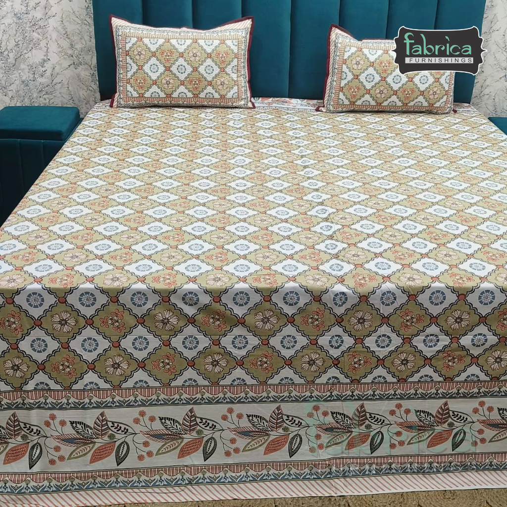 Sapphire Ethnic Printed Pure Cotton Kingsize Bed Sheets With Quilted Pillow Cover