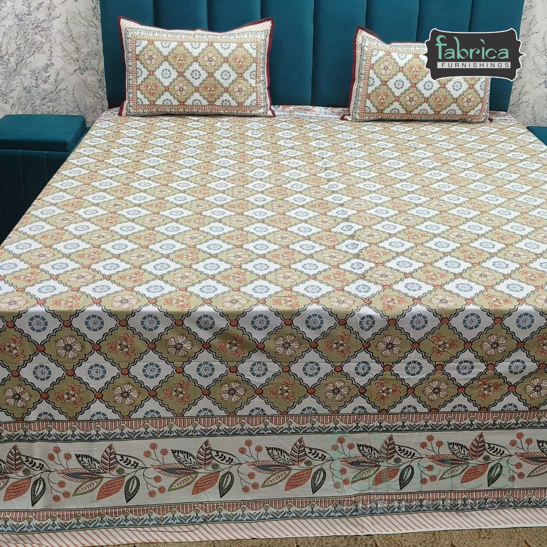 Sapphire Ethnic Printed Pure Cotton Kingsize Bed Sheets With Quilted Pillow Cover