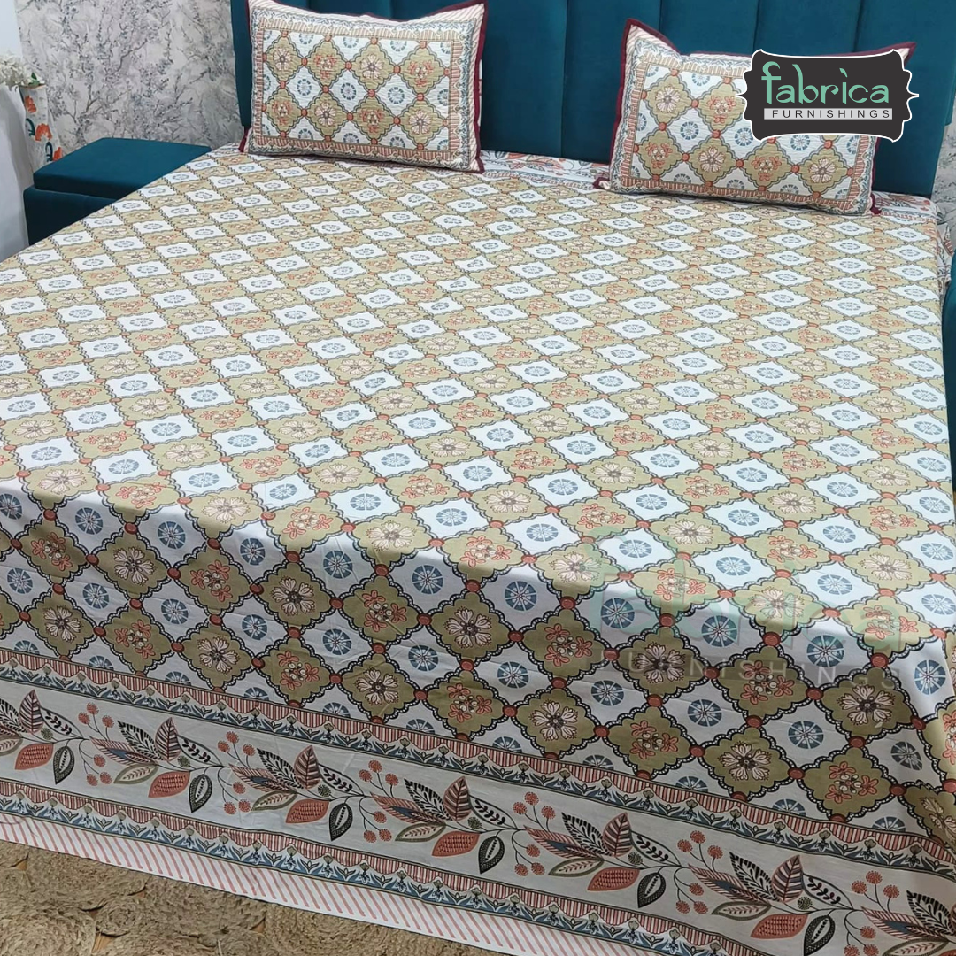 Sapphire Ethnic Printed Pure Cotton Kingsize Bed Sheets With Quilted Pillow Cover