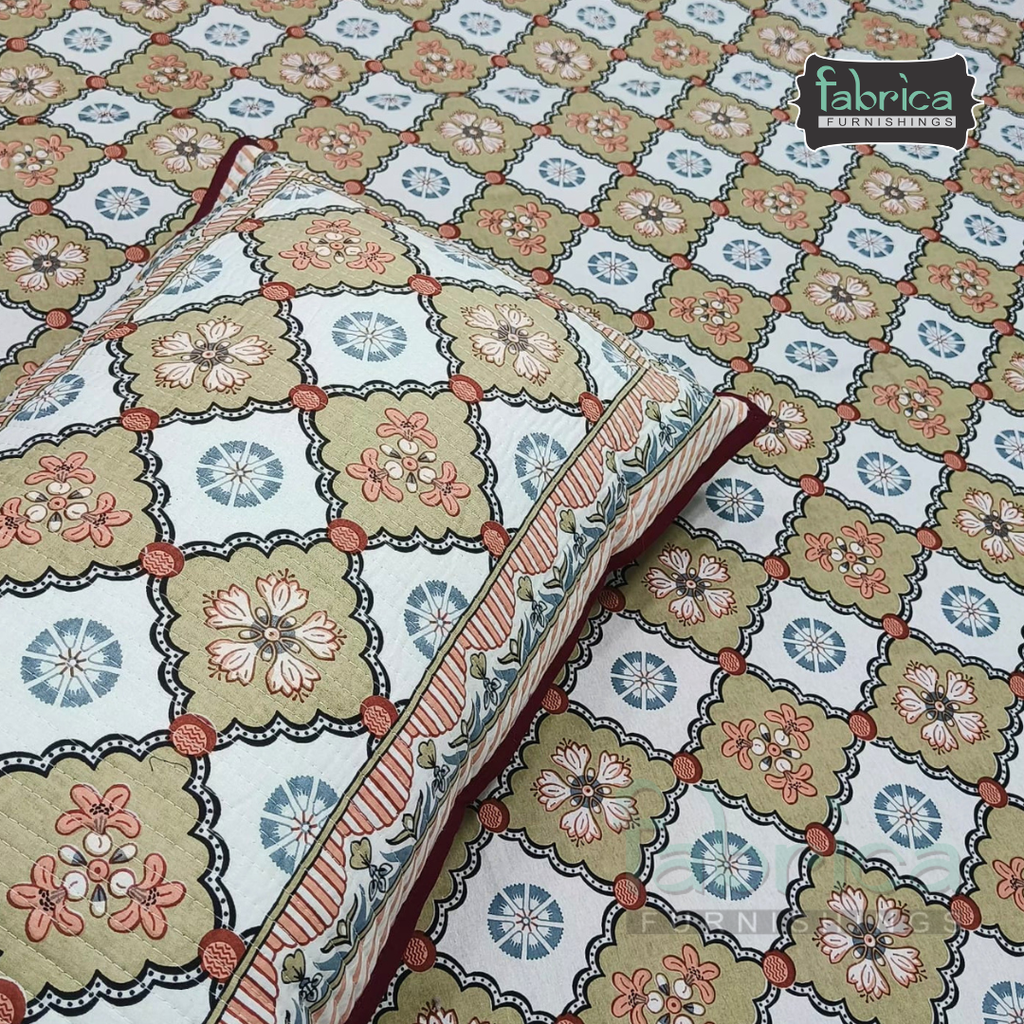 Sapphire Ethnic Printed Pure Cotton Kingsize Bed Sheets With Quilted Pillow Cover