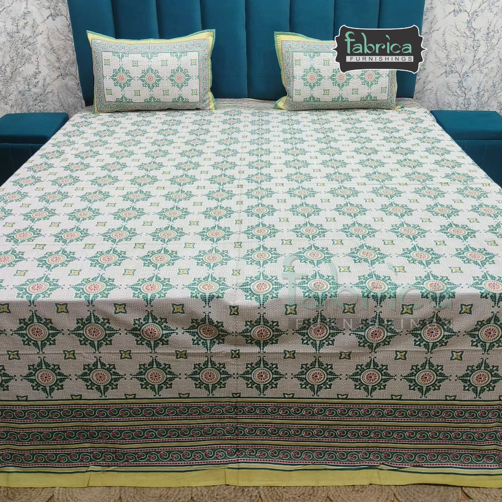 Sapphire Ethnic Printed Pure Cotton Kingsize Bed Sheets With Quilted Pillow Cover