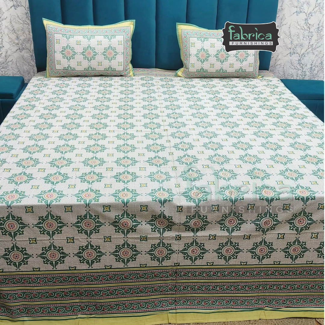 Sapphire Ethnic Printed Pure Cotton Kingsize Bed Sheets With Quilted Pillow Cover
