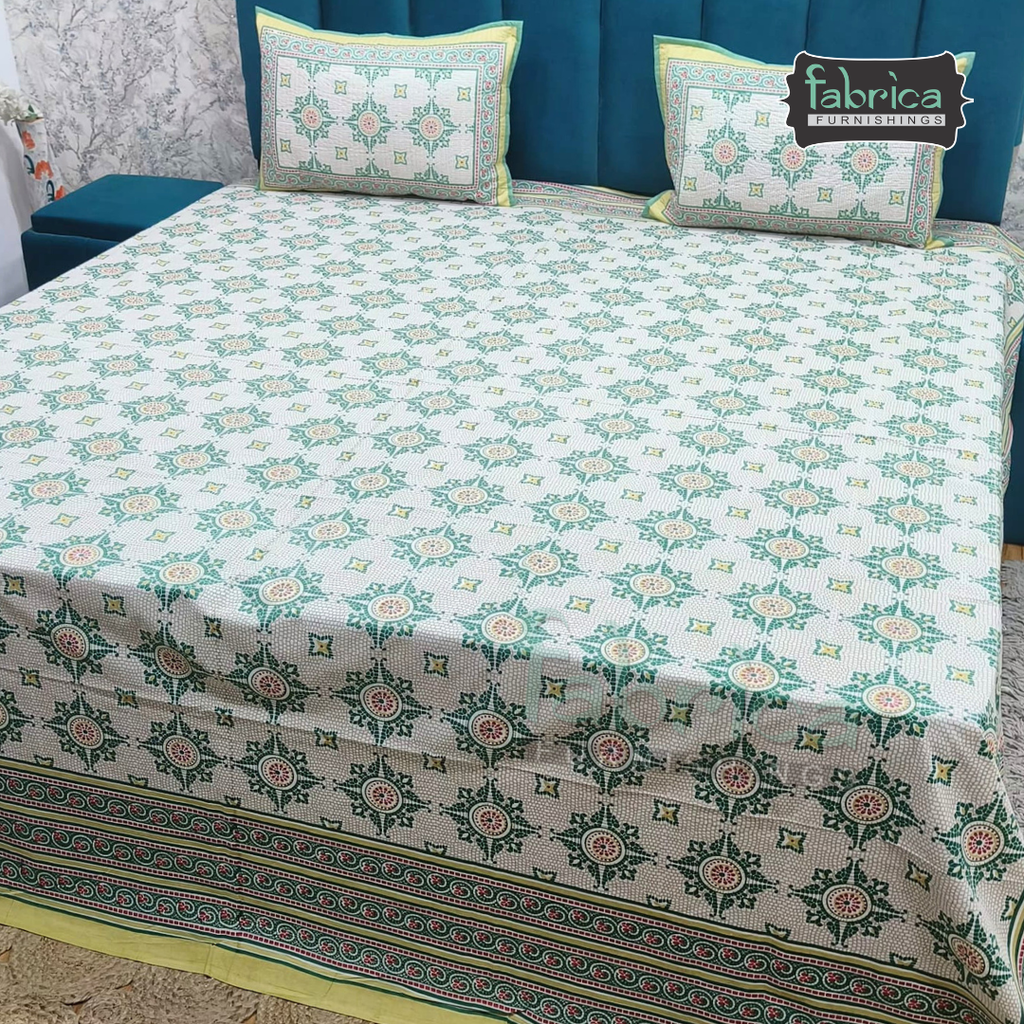 Sapphire Ethnic Printed Pure Cotton Kingsize Bed Sheets With Quilted Pillow Cover
