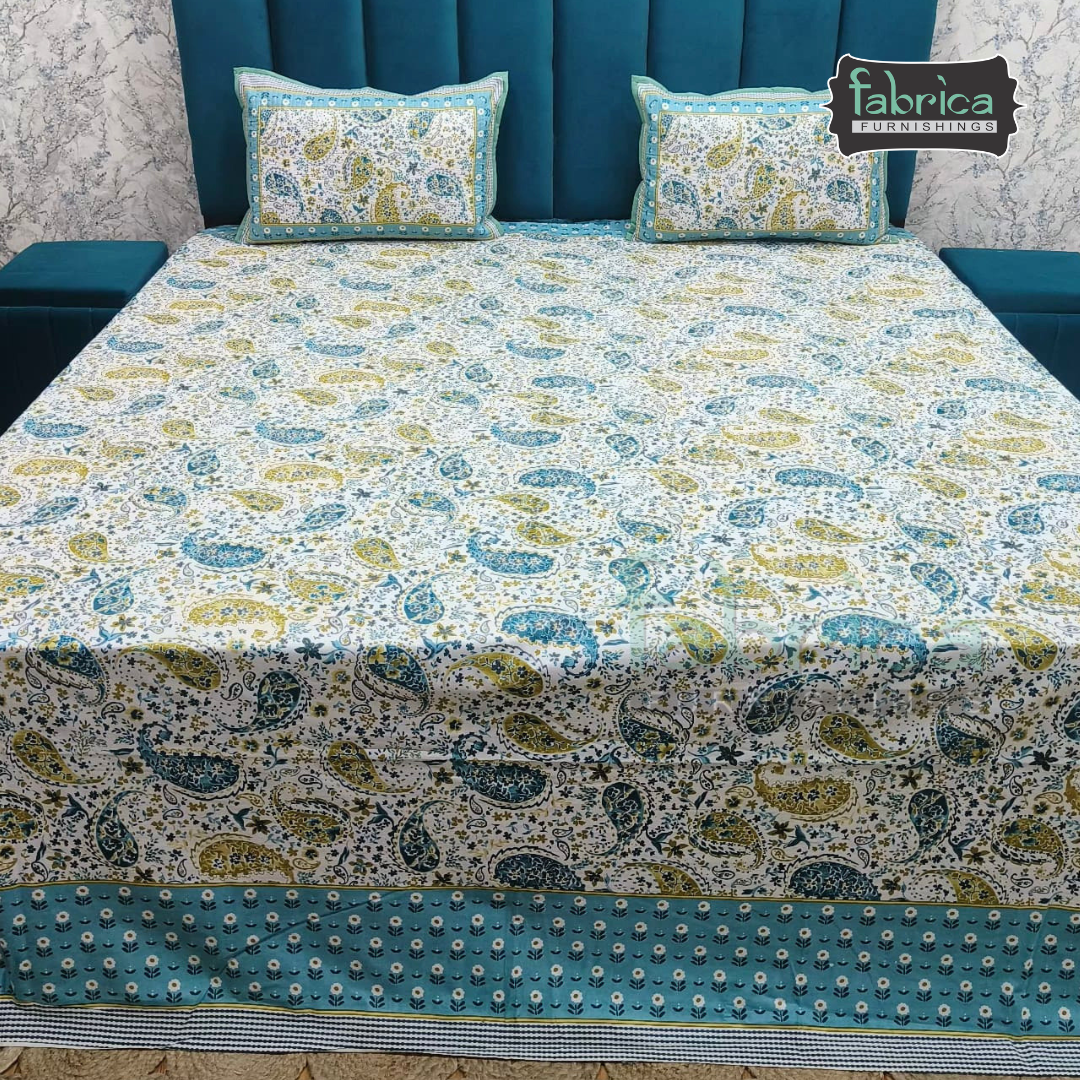 Sapphire Ethnic Printed Pure Cotton Kingsize Bed Sheets With Quilted Pillow Cover