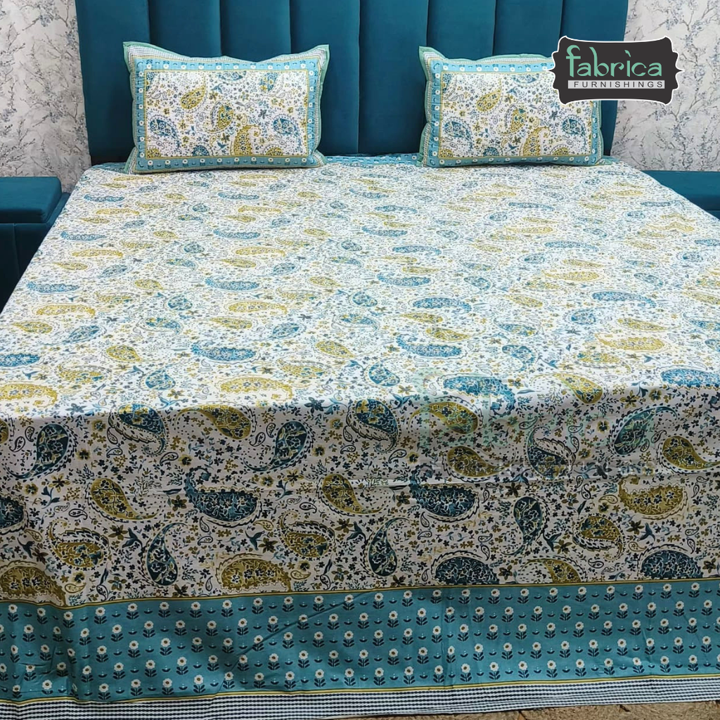 Sapphire Ethnic Printed Pure Cotton Kingsize Bed Sheets With Quilted Pillow Cover