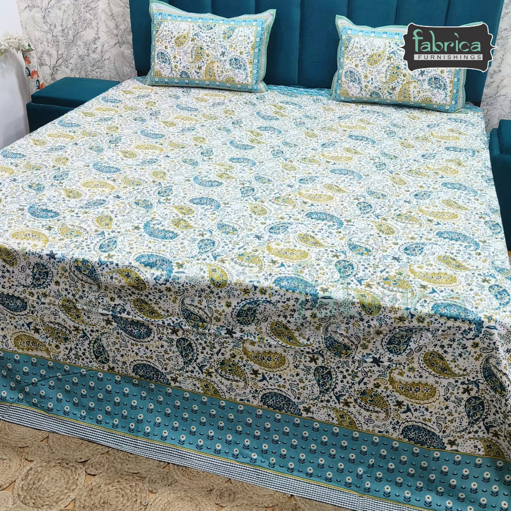 Sapphire Ethnic Printed Pure Cotton Kingsize Bed Sheets With Quilted Pillow Cover