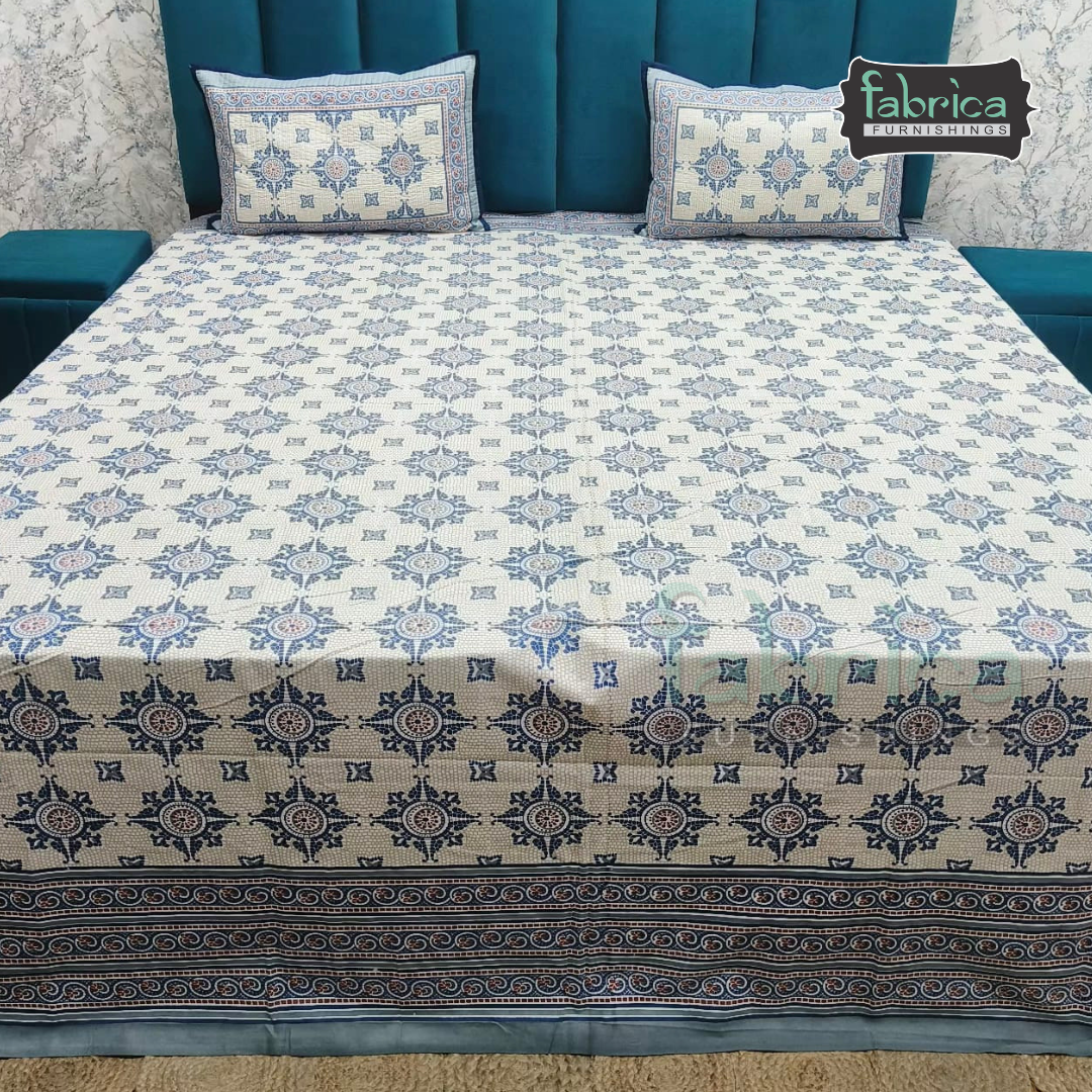 Sapphire Ethnic Printed Pure Cotton Kingsize Bed Sheets With Quilted Pillow Cover