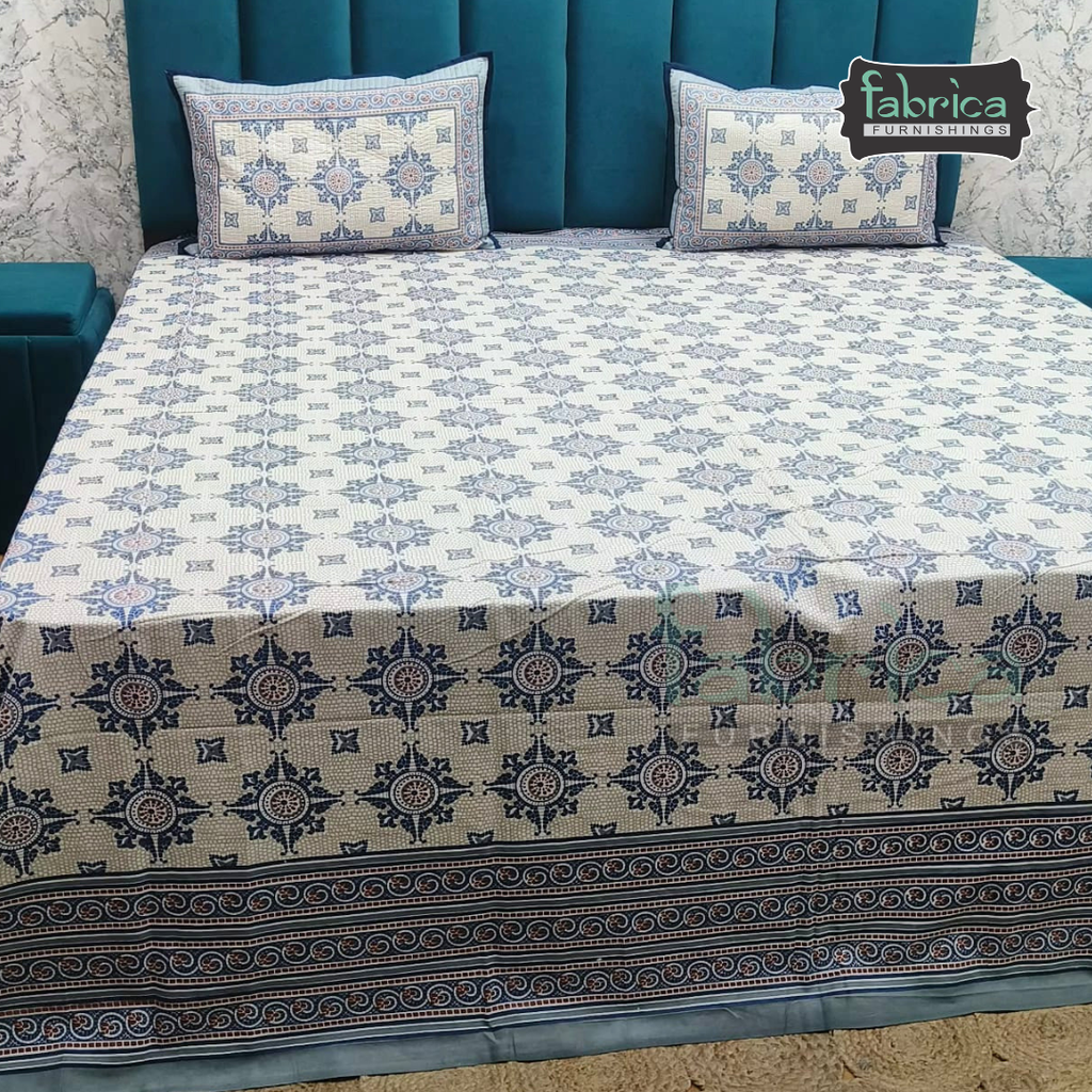 Sapphire Ethnic Printed Pure Cotton Kingsize Bed Sheets With Quilted Pillow Cover