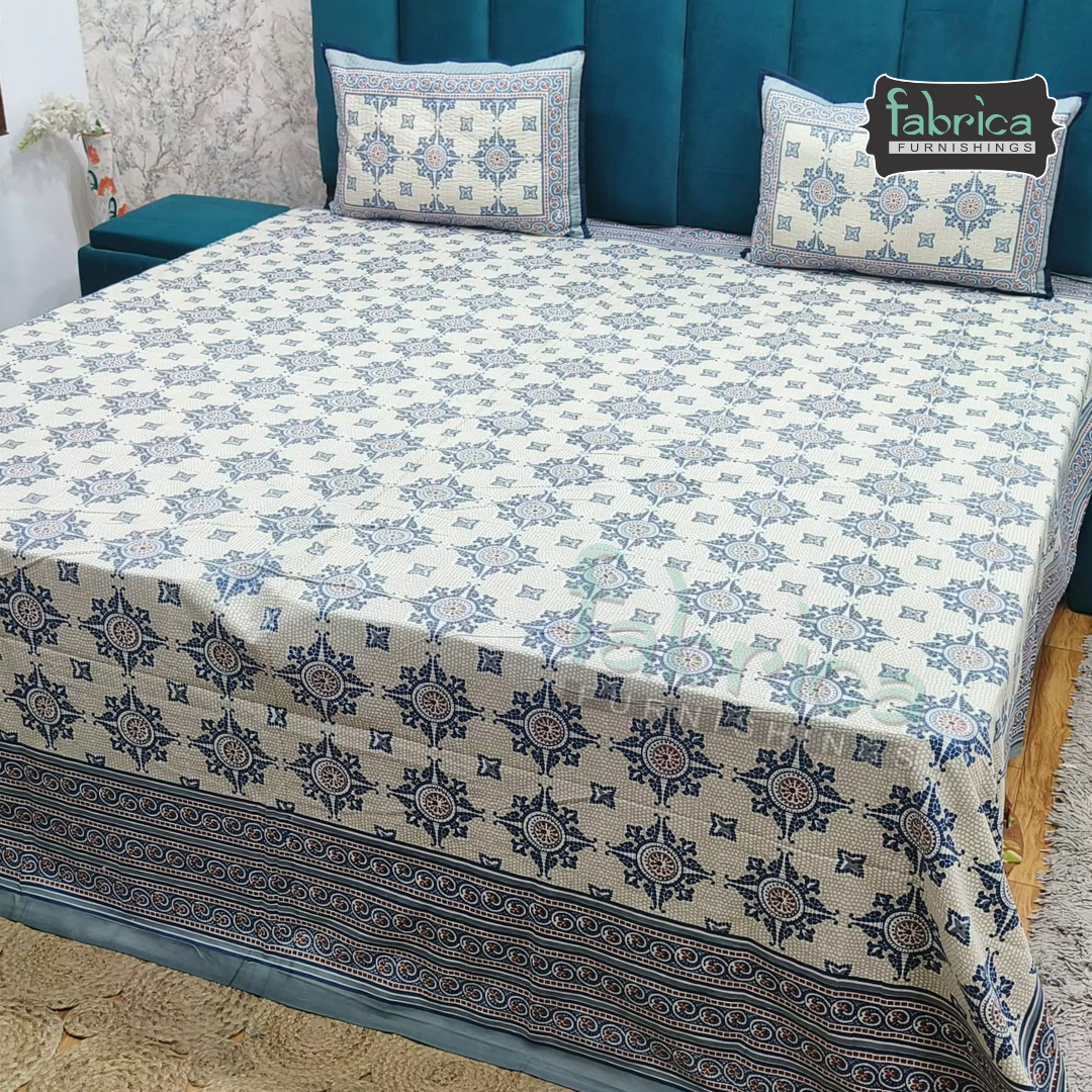 Sapphire Ethnic Printed Pure Cotton Kingsize Bed Sheets With Quilted Pillow Cover