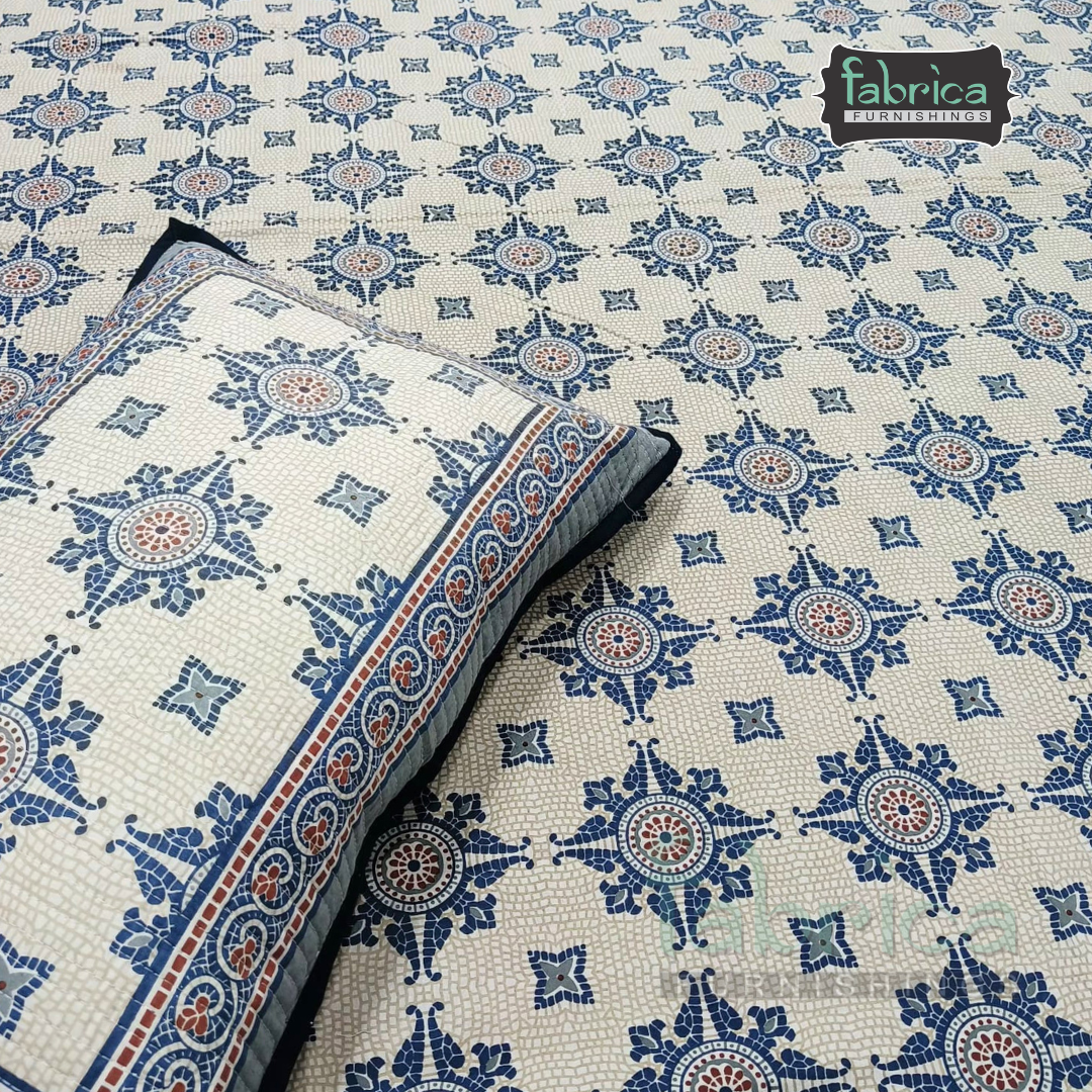 Sapphire Ethnic Printed Pure Cotton Kingsize Bed Sheets With Quilted Pillow Cover