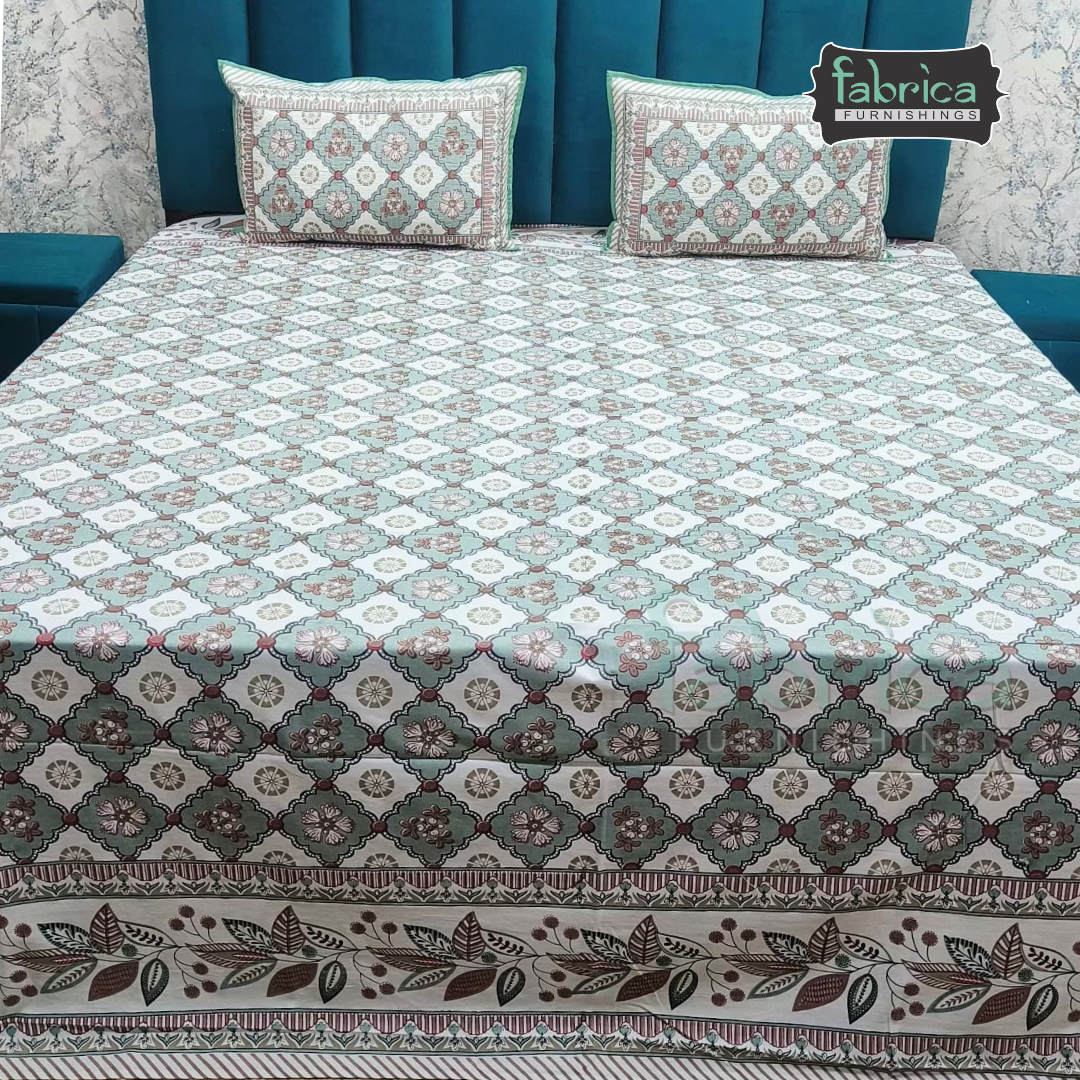 Sapphire Ethnic Printed Pure Cotton Kingsize Bed Sheets With Quilted Pillow Cover