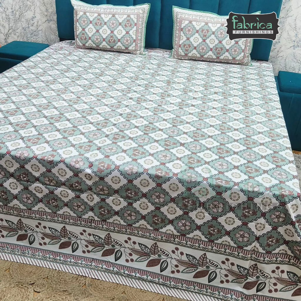 Sapphire Ethnic Printed Pure Cotton Kingsize Bed Sheets With Quilted Pillow Cover