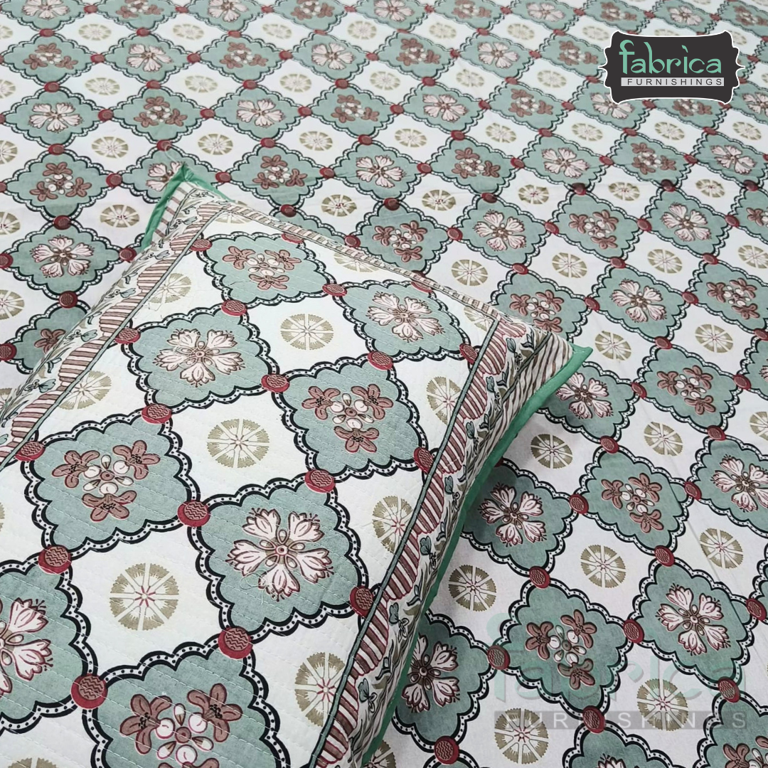 Sapphire Ethnic Printed Pure Cotton Kingsize Bed Sheets With Quilted Pillow Cover