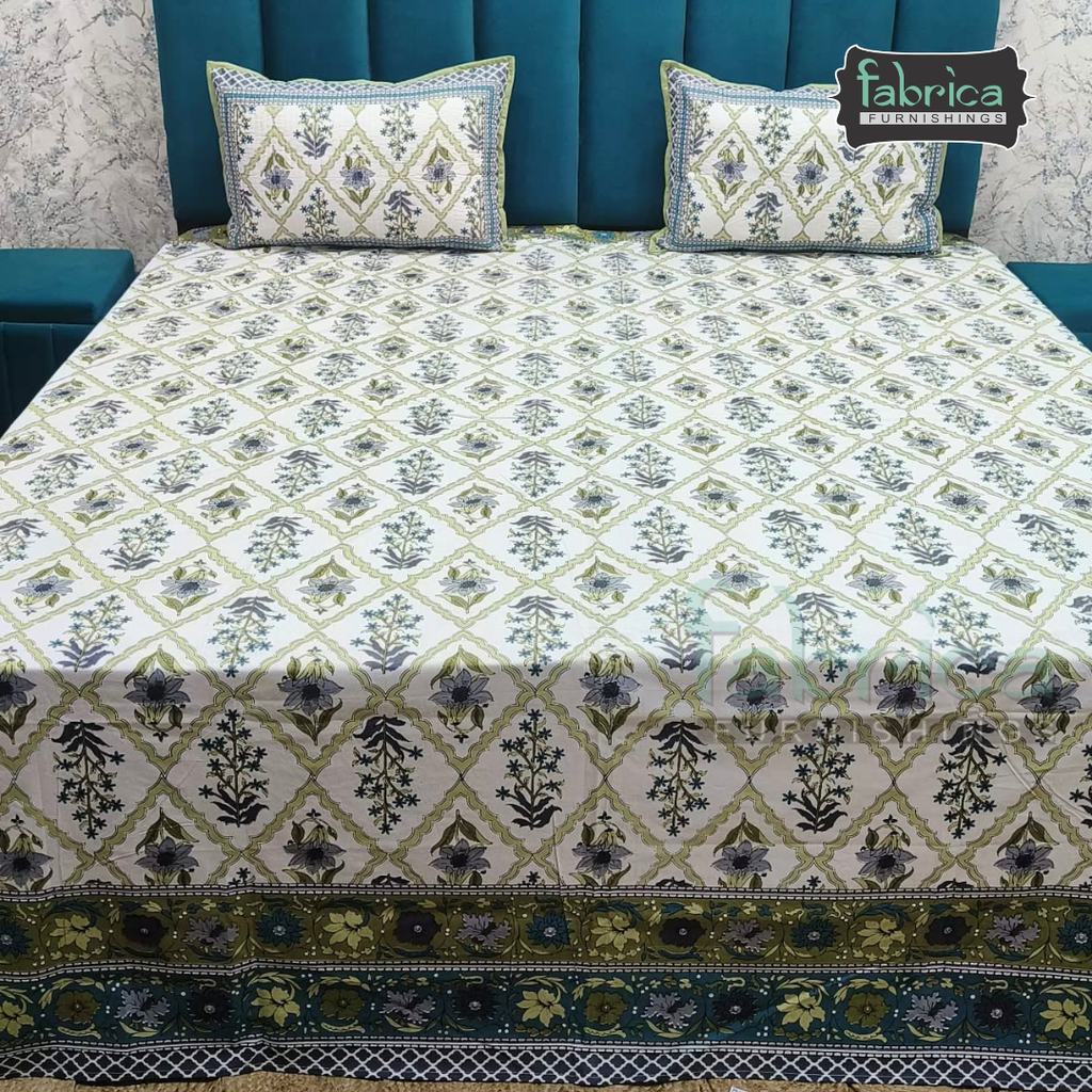 Sapphire Ethnic Printed Pure Cotton Kingsize Bed Sheets With Quilted Pillow Cover