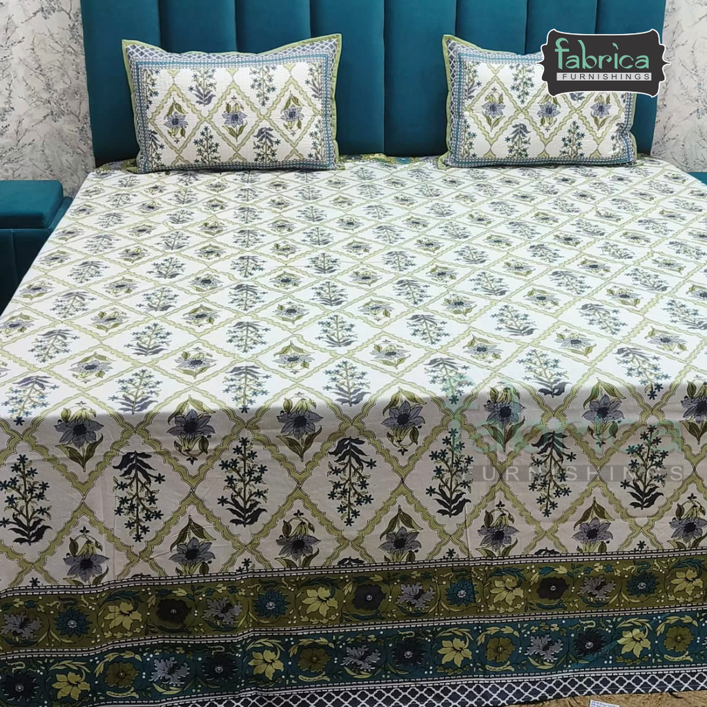 Sapphire Ethnic Printed Pure Cotton Kingsize Bed Sheets With Quilted Pillow Cover