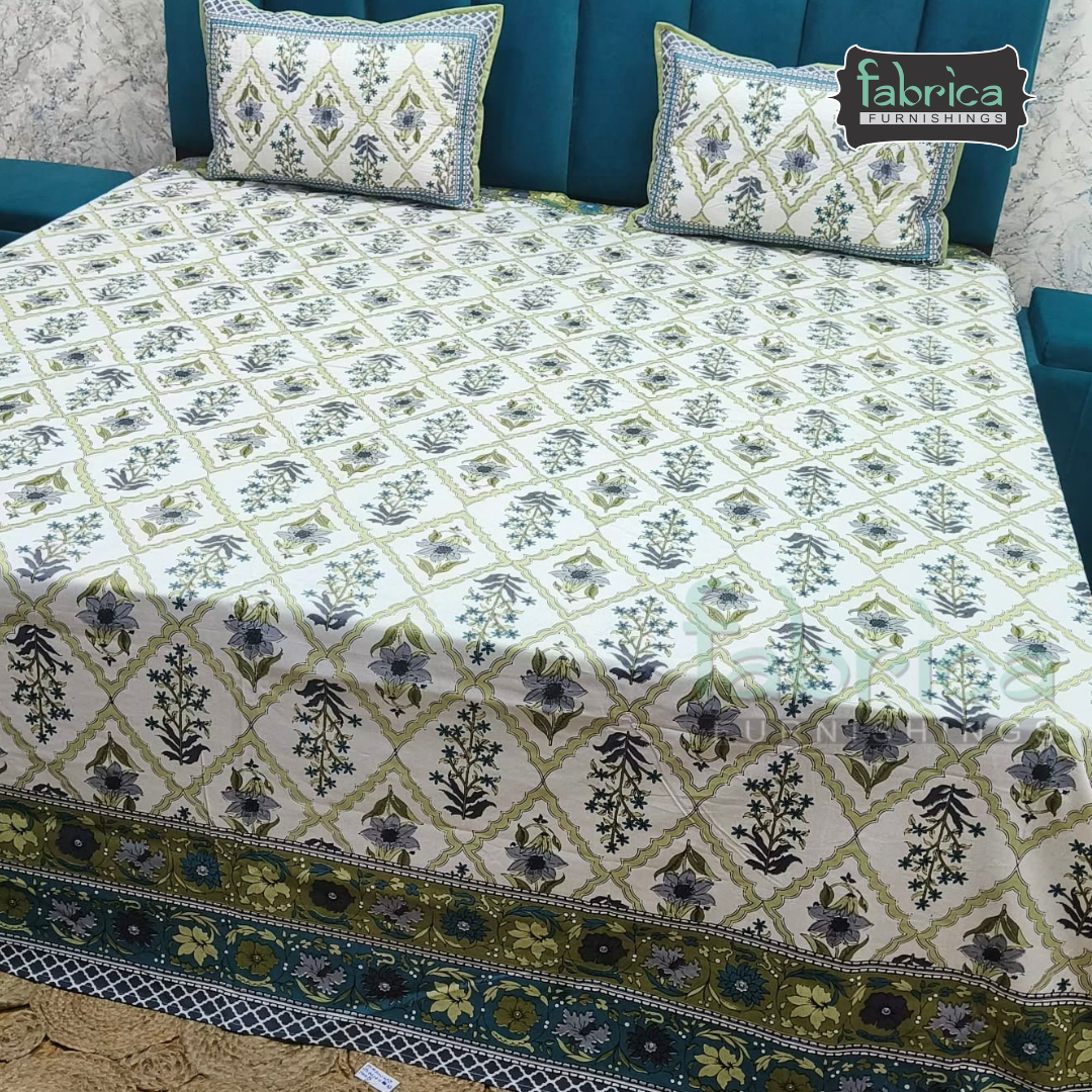 Sapphire Ethnic Printed Pure Cotton Kingsize Bed Sheets With Quilted Pillow Cover